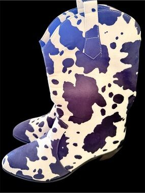 Cow-Print Lace-Up Western Boots for Women - Black and White